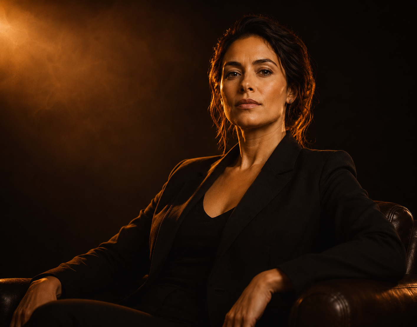Leanne seated in a studio lit by a single warm key light