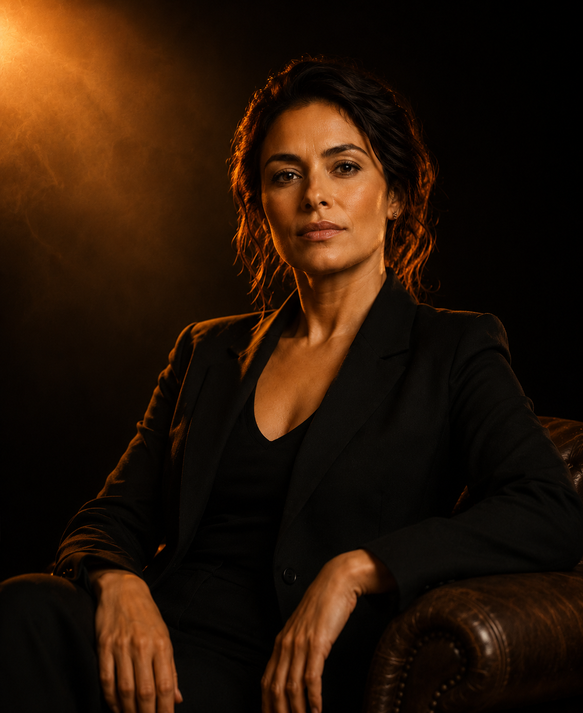 Leanne, founder of Freedom Funnels, in a studio lit by a single warm key light